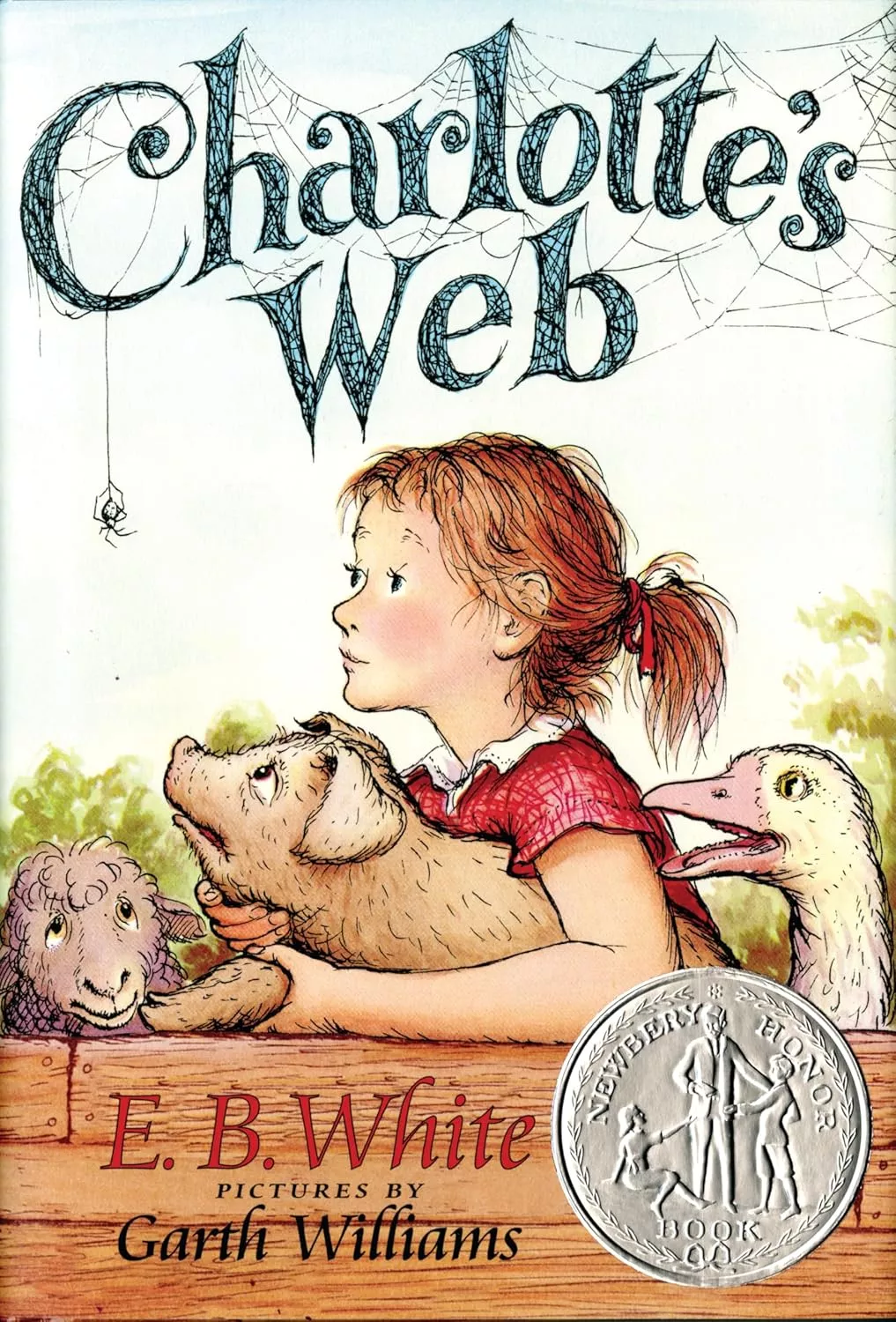 Cover of Charlotte's Web by E.B. Webb depicting a girl with a ponytail wearing a red shirt holding a pig. They are looking a spider dangling from the title. A goose and a sheep are looking on.