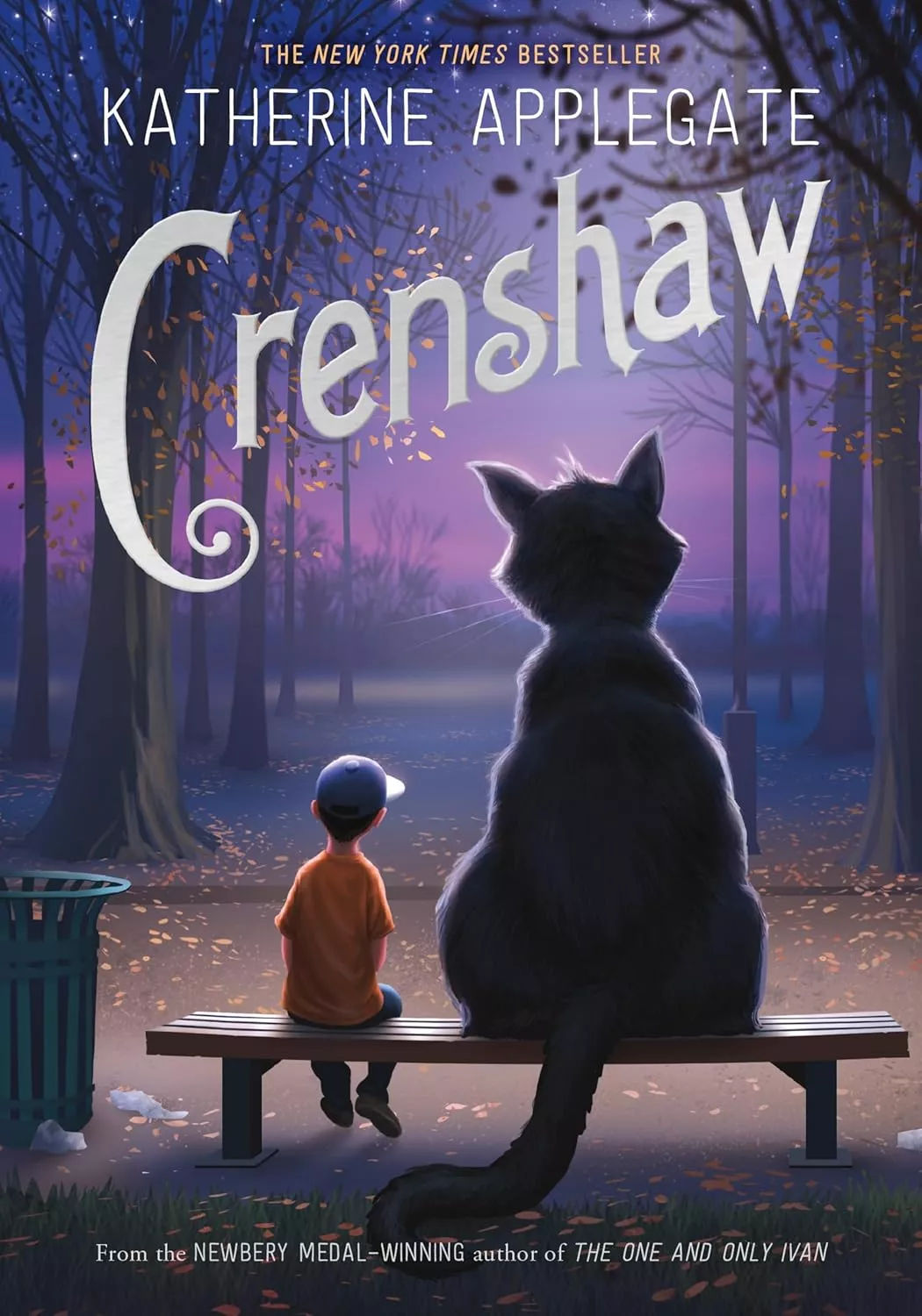 Cover of Crenshaw by Katherine Applegate depicting a boy and a gigantic cat sitting on a bench.