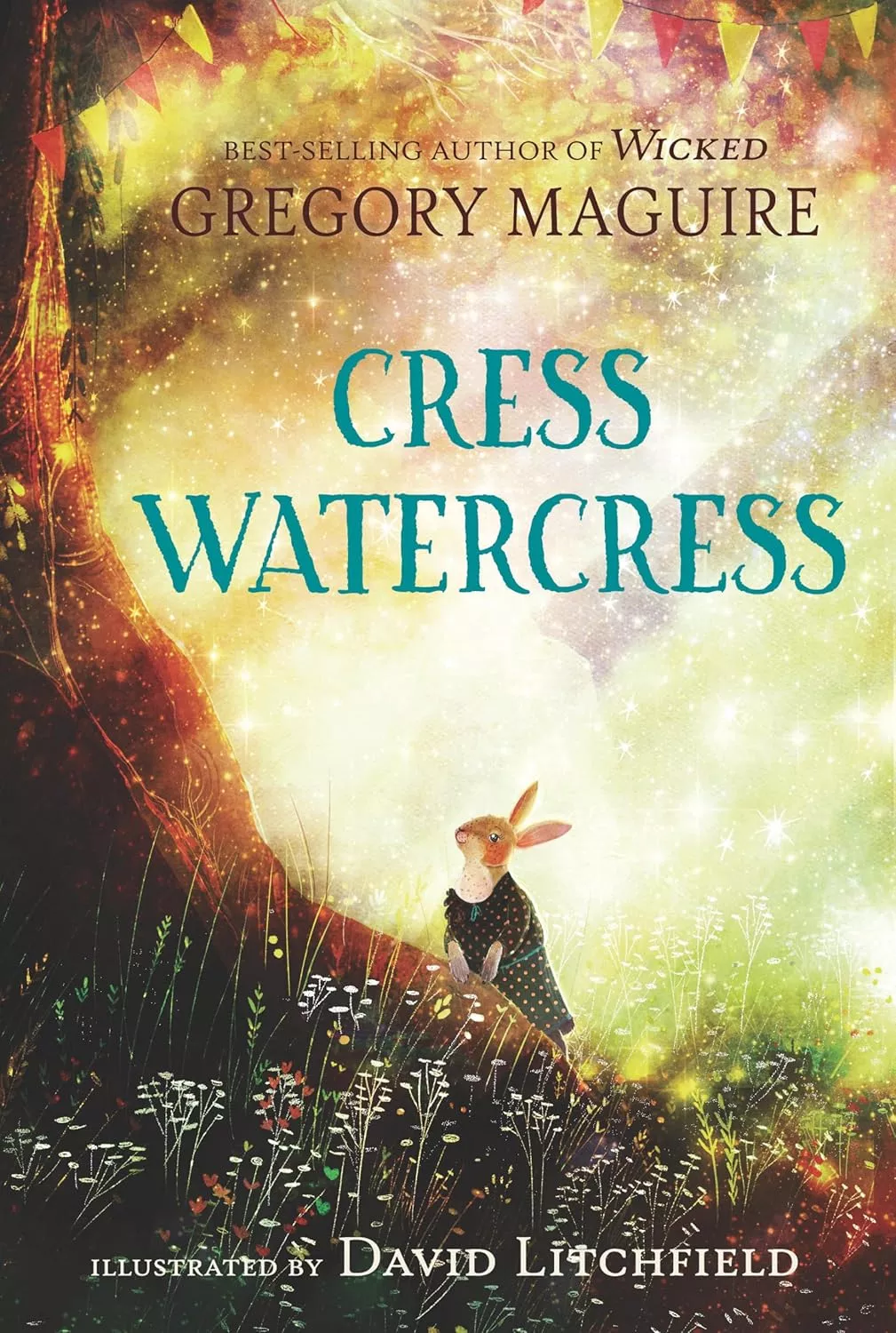 Cover of Cress Watercress by Gregory Maguire depicting a small, brown bunny wearing a green dress with yellow polka dots standing at the base of a large tree.