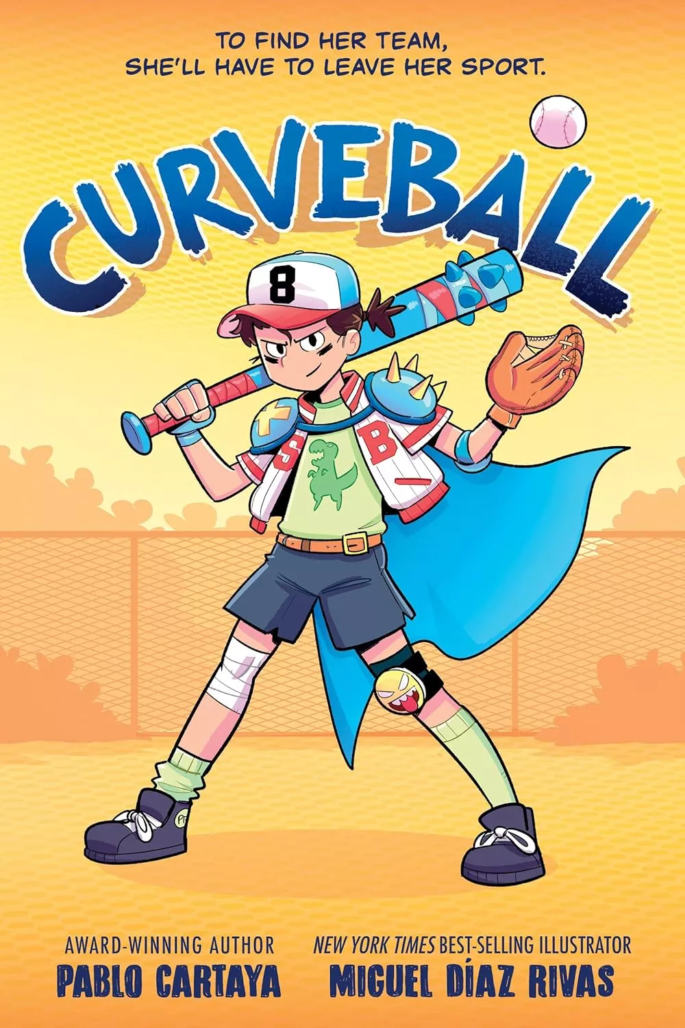 Cover of  Curveball by Pablo Cartaya depicting a boy wearing a cape holding a baseball bat.