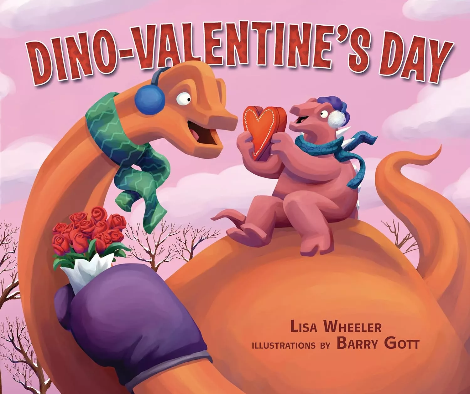 Cover of Dino-Valentine's Day by Lisa Wheeler depicting a small dinosaur holding a heart sitting on the back of a larger dinosaur holding a bouquet of roses.