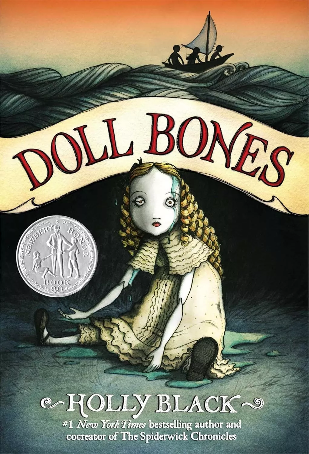 Cover of Doll Bones by Holly Black depicting a creepy doll sitting down.