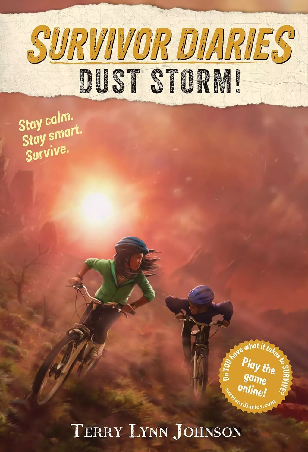 Cover of Dust Storm! by Terry Lynn Johnson depicting a boy and a girl fleeing a dust storm on their bicycles.