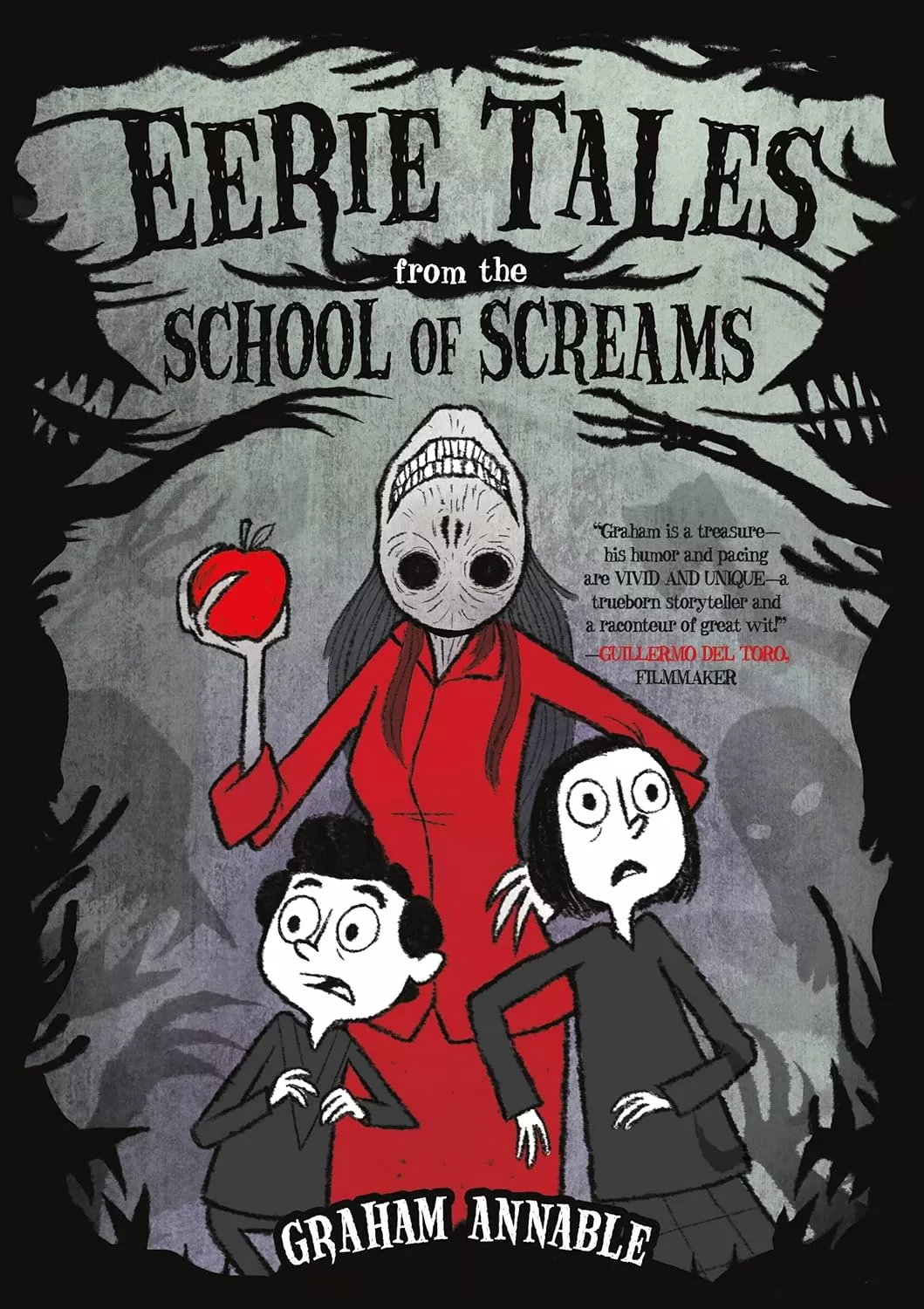 Cover of Eerie Tales from the School of Screams by Graham Annable depicting a boy and a girl looking scared. Behind them a woman in a red dress with an upside down head holds a red apple.