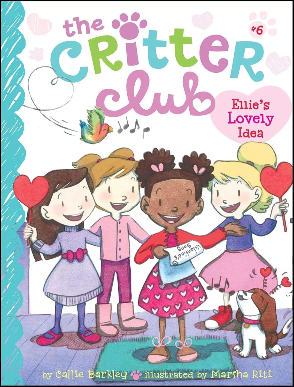 Cover of  Ellie's Lovely Idea depicting four girls practicing a Valentine's Day song.