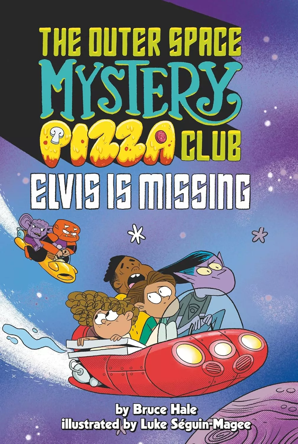 Cover of Elvis Is Missing by Bruce Hale depicting a group of kids in a red spaceship being chased by two aliens in a yellow spaceship.