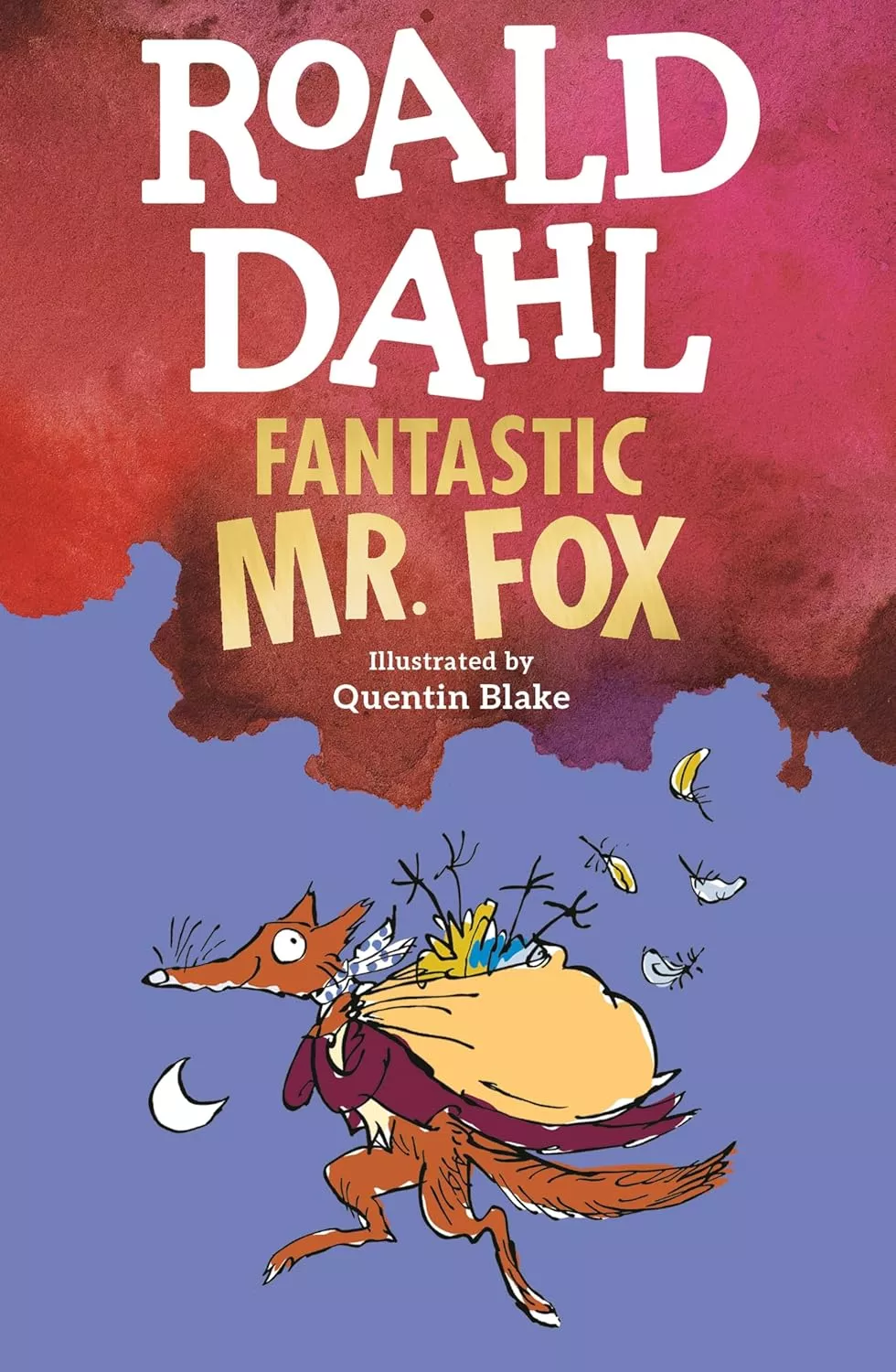 Cover of Fantastic Mr. Fox by Roald Dahl depicting a fox wearing a burgundy jacket carrying a bag full of birds.