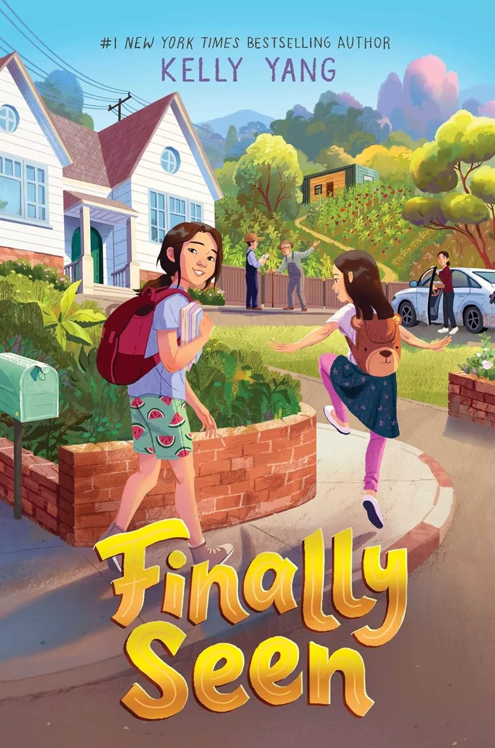 Cover of Finally Seen by Kelly Yang depicting two girls walking towards a white house. One of the girls is looking over her shoulder, while the other looks at the house. In the background there are three adults: two are talking by a wooden fence, and the third is getting into a car.