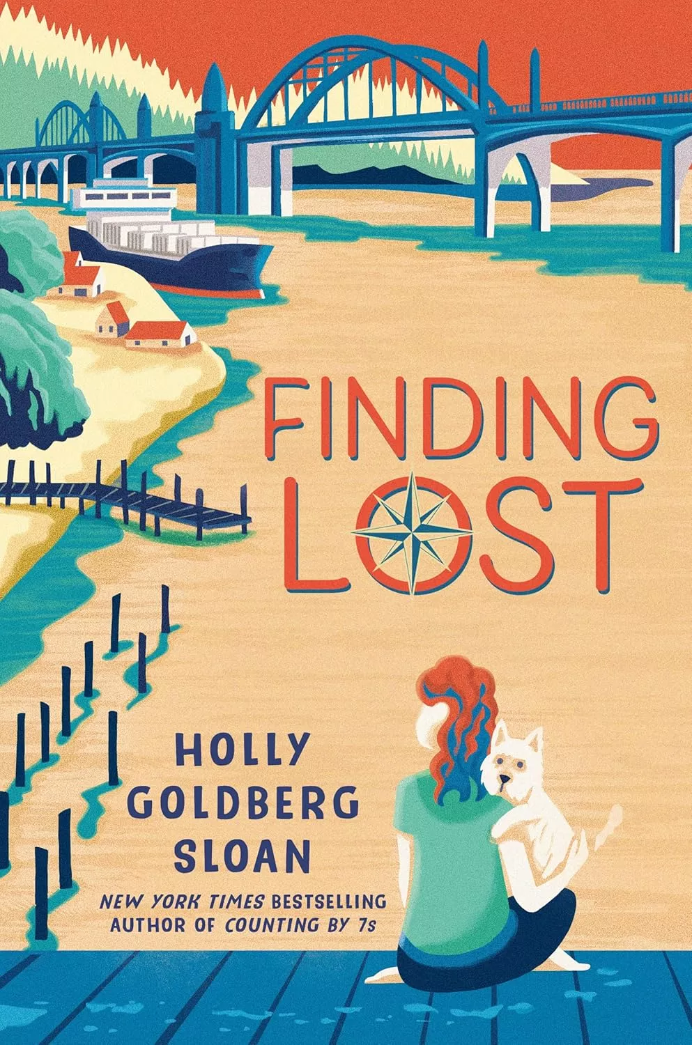 Cover of Finding Lost by Holly Goldberg Sloan depicting a girl and a dog sitting on a pier overlooking a river with a bridge.