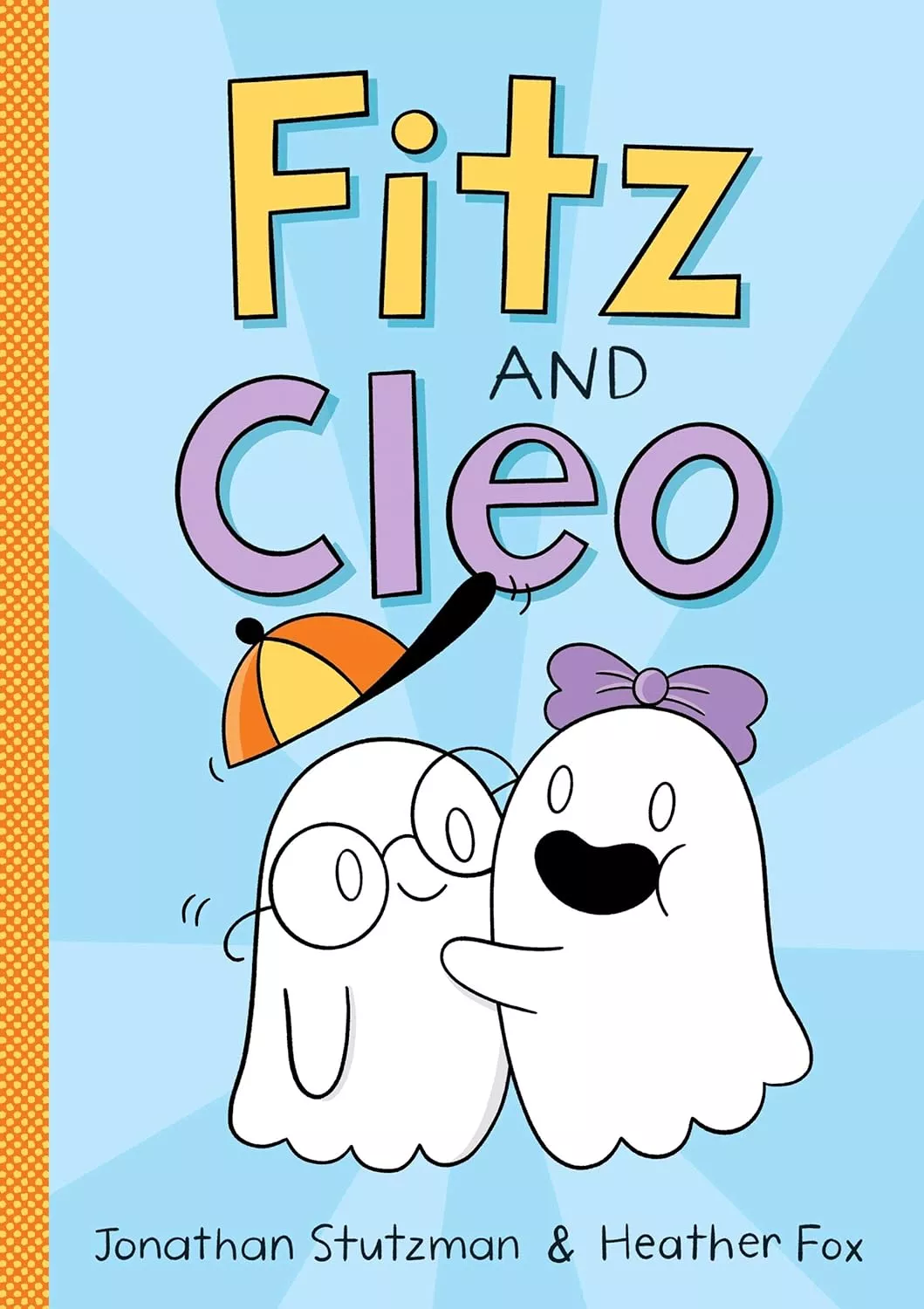 Cover of Fitz and Cleo by Jonathan Stutzman depicting two ghosts hugging. One is wearing round glasses and a orange and yellow baseball hat and the other is wearing a purple bow on top of their head. 