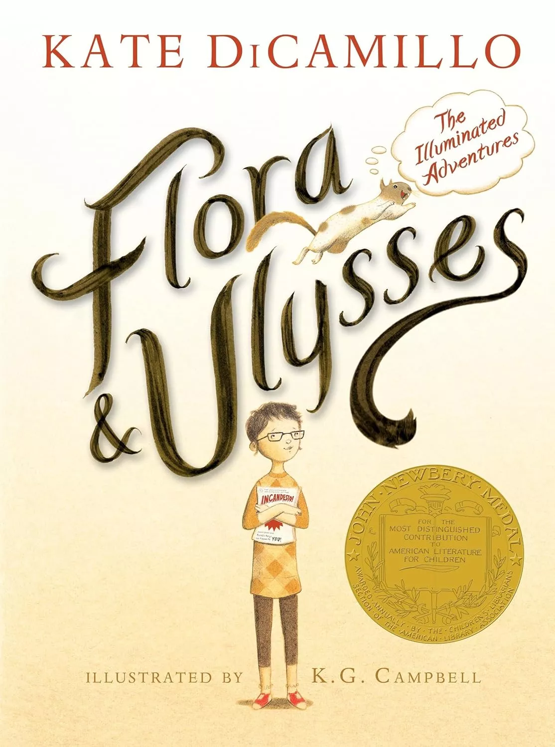 Cover of Flora and Ulysses by Kate DiCamillo depicting a short haired girl wearing an orange argyle dress and brown pants holding a comic book.