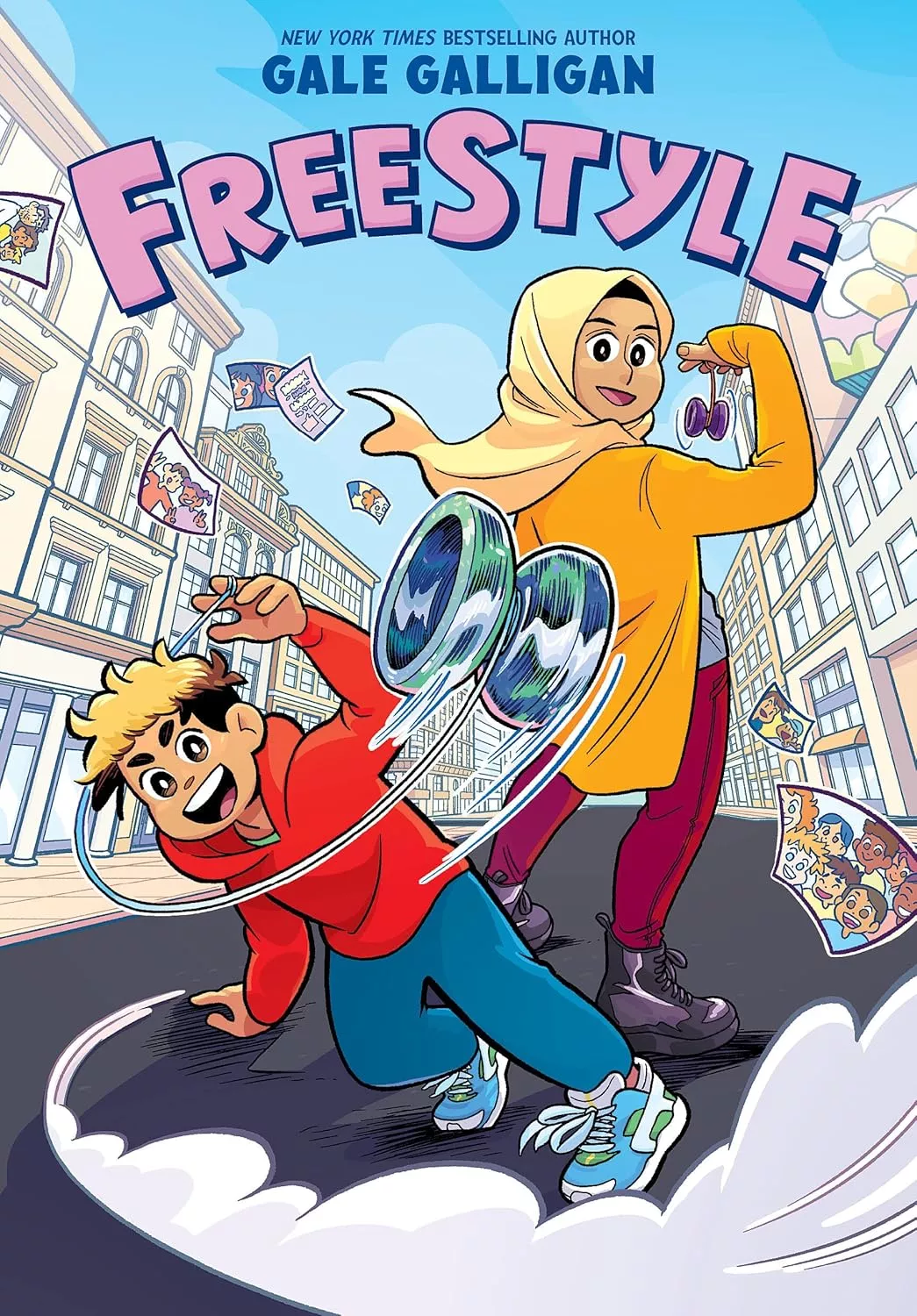 Cover of  Freestyle by Gale Galligan depicting a boy and a girl playing with yo-yos. The girl is wearing an orange long sleeve shirt, burgundy pants, and a yellow hijab. The boy is wearing a red hoodie and jeans.