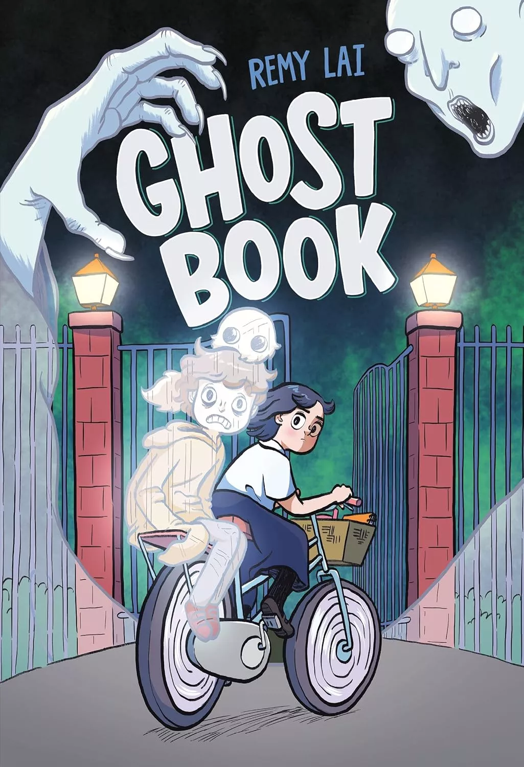 Cover of Ghost Book by Remy Lai depicting a girl riding a bicycle with two ghosts riding on the back.