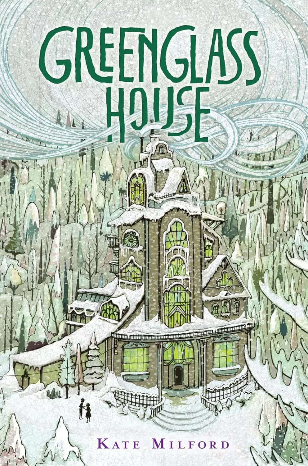 Cover of Greenglass House by Kate Milford depicting a large house covered in snow.