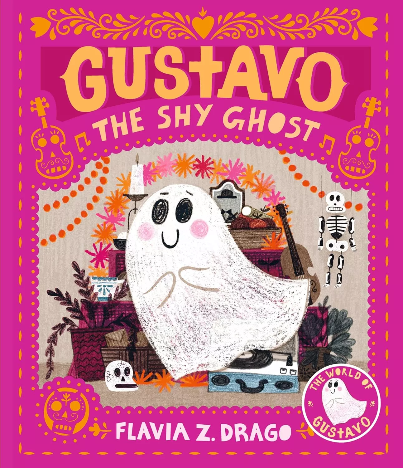 Cover of Gustavo, the Shy Ghost by Flavia Z. Drago depicting a smiling ghost hovering in front of an ofrenda.