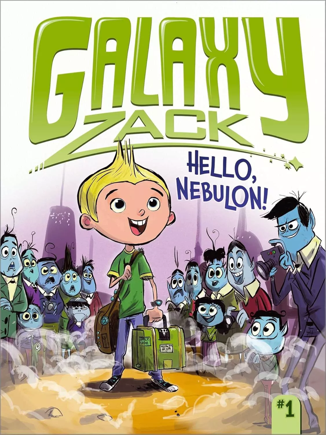 Cover of Hello, Nebulon! by Ray O'Ryan depicting a blond boy wearing a green shirt and jeans, holding a suitcase and a messenger bag. He is smiling while a crowd of blue aliens looks at him suspiously. 