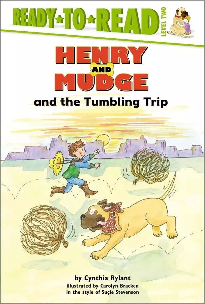 Cover of Henry and Mudge and the Tumbling Trip by Cynthia Rylant depicting a boy and a dog chasing tumbleweeds.