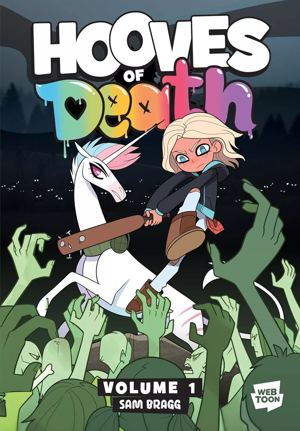 Cover of Hooves of Death by Sam Bragg depicting a blonde girl holding a bat and a white unicorn with a pink and blue mane.