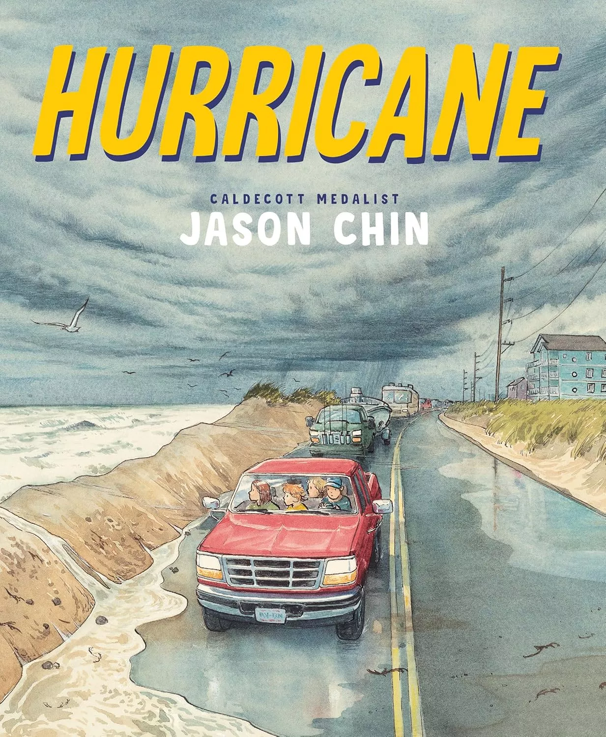 Cover of Hurricane depicting a family in a red pickup truck driving next to rising water. There is a line of cars behind the truck.