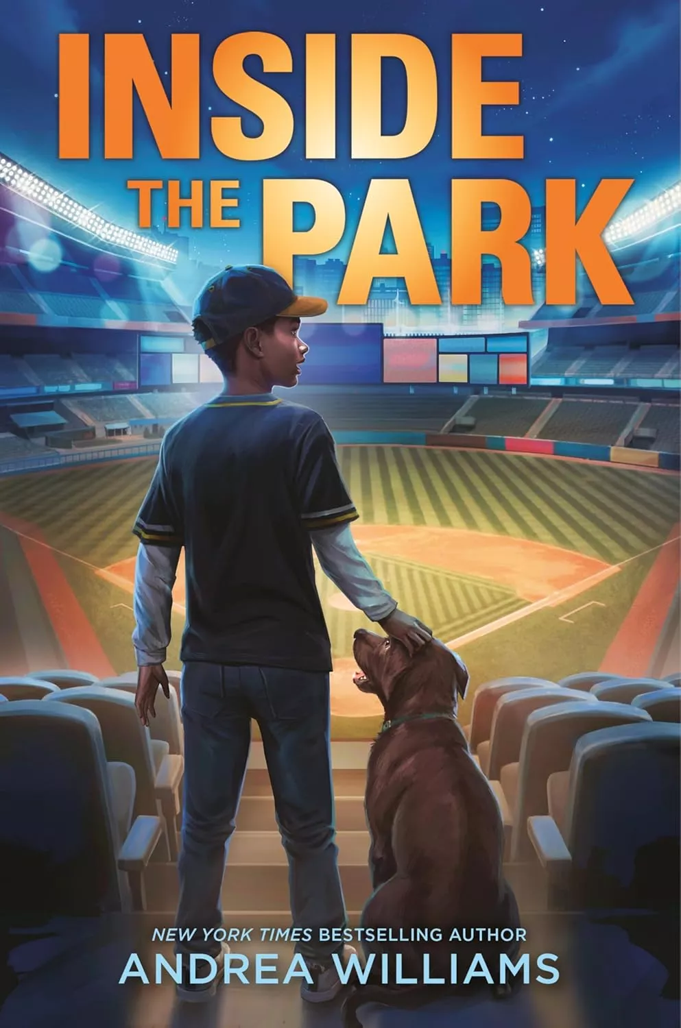 Cover of Inside the Park by Andrea Williams depicting a boy and a dog standing in the bleachers of a baseball stadium looking at the field. 