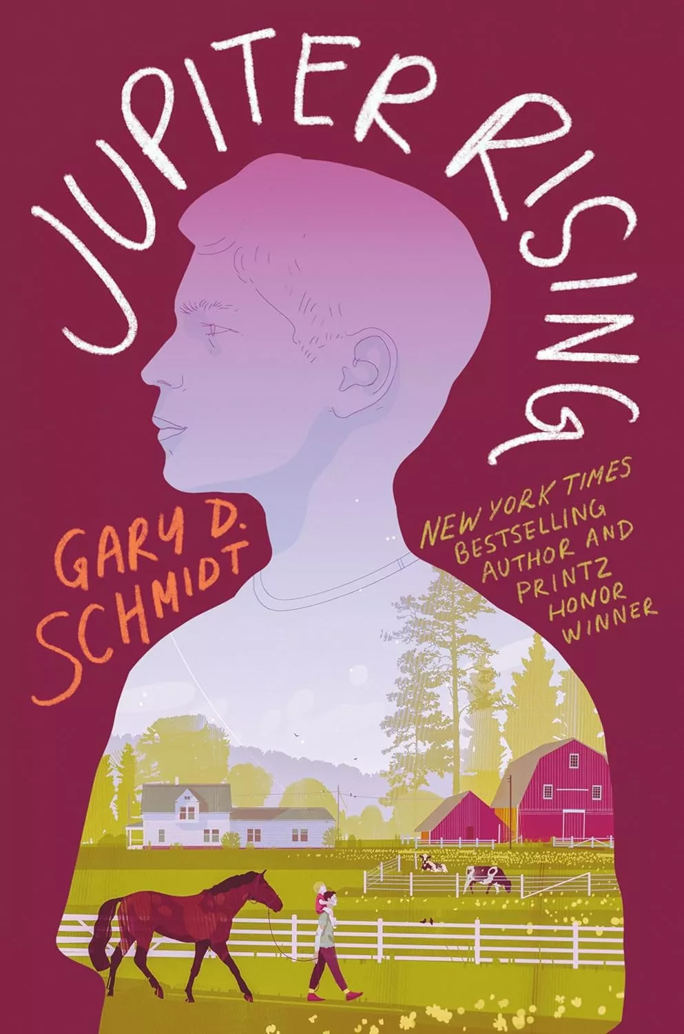 Cover of Jupiter Rising by Gary D. Schmidt depicting a silhouette of a boy in profile. In the silhouette is a girl walking a horse in front of a barn.