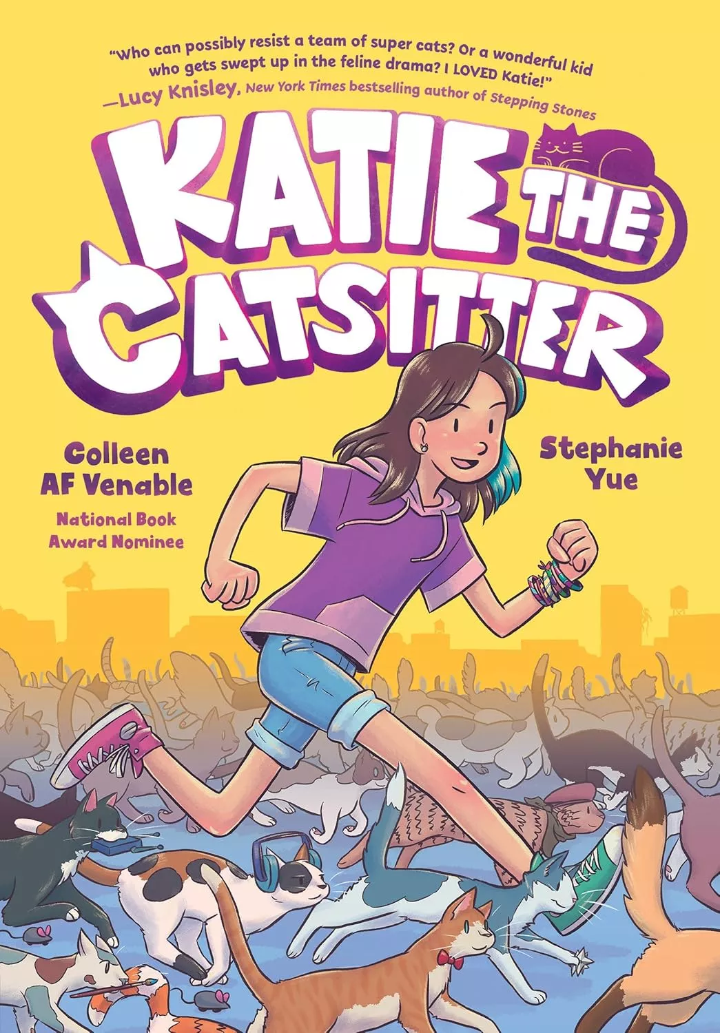 Cover of Katie the Catsitter by Colleen AF Venable depicting a girl wearing a purple shirt and denim shorts running with numerous cats.