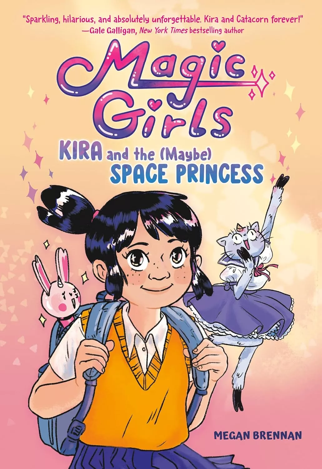 Cover of Kira and the (Maybe) Space Princess by Megan Brennan depicting a girl with black hair wearing a white collared shirt with an orange sweater vest and a dark blue skirt. She is holding the straps of a blue backpack with a pink bunny toy sticking out. Behind her is a white cat/unicorn in a purple and white dress wearing a tiara.