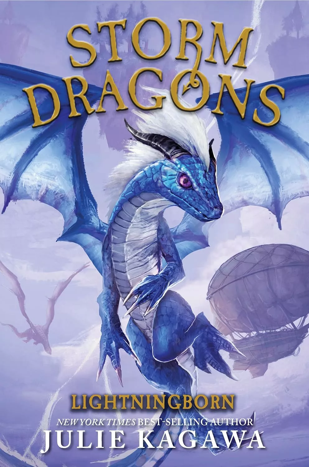 Cover of Lightningborn by Julie Kagawa depicting a dragon with horns and a white mane flying in front of a balloon ship.