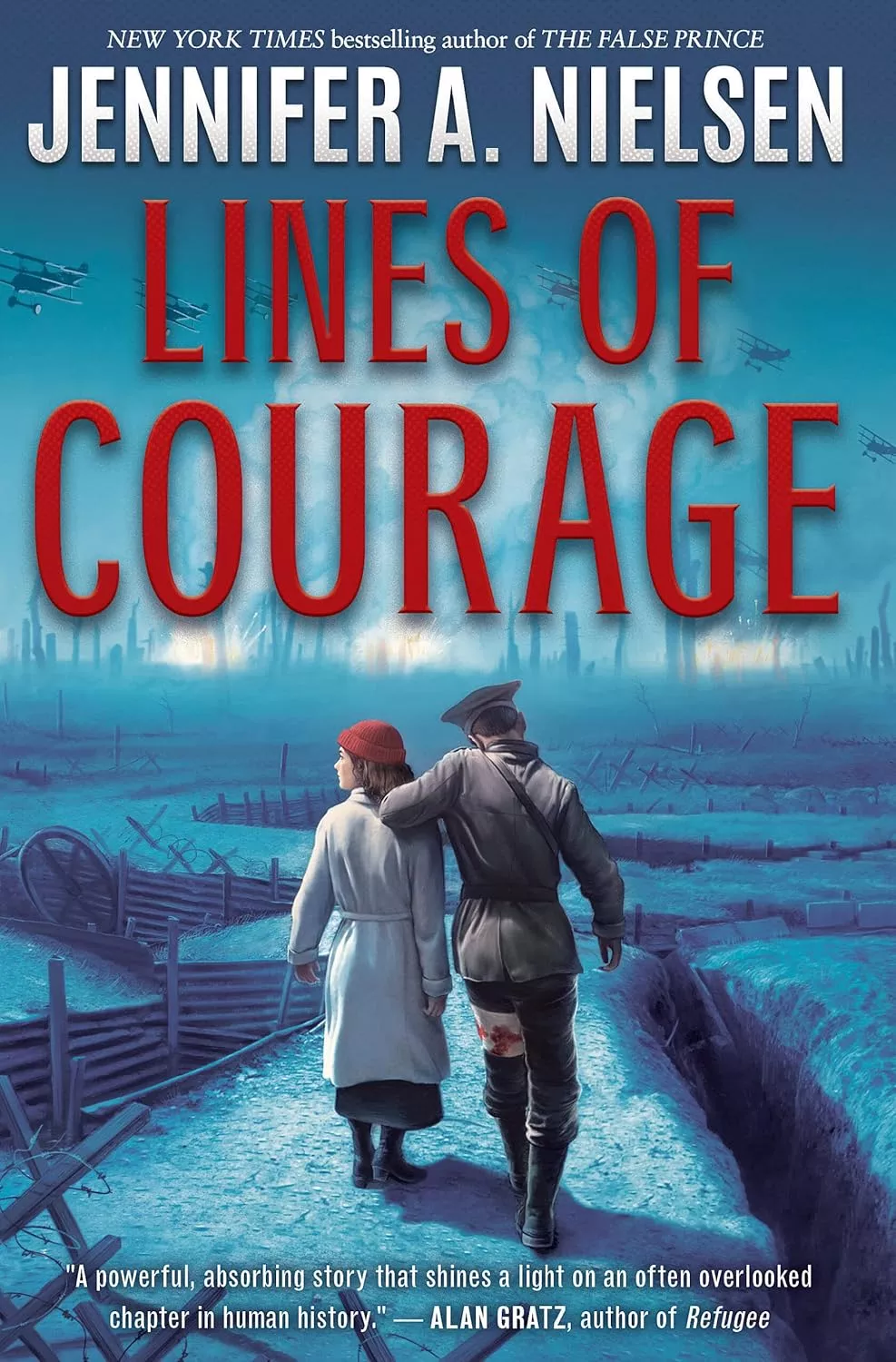 Cover of Lines of Courage by Jennifer A. Nielsen depicting a girl and a soldier trudging through the snow.