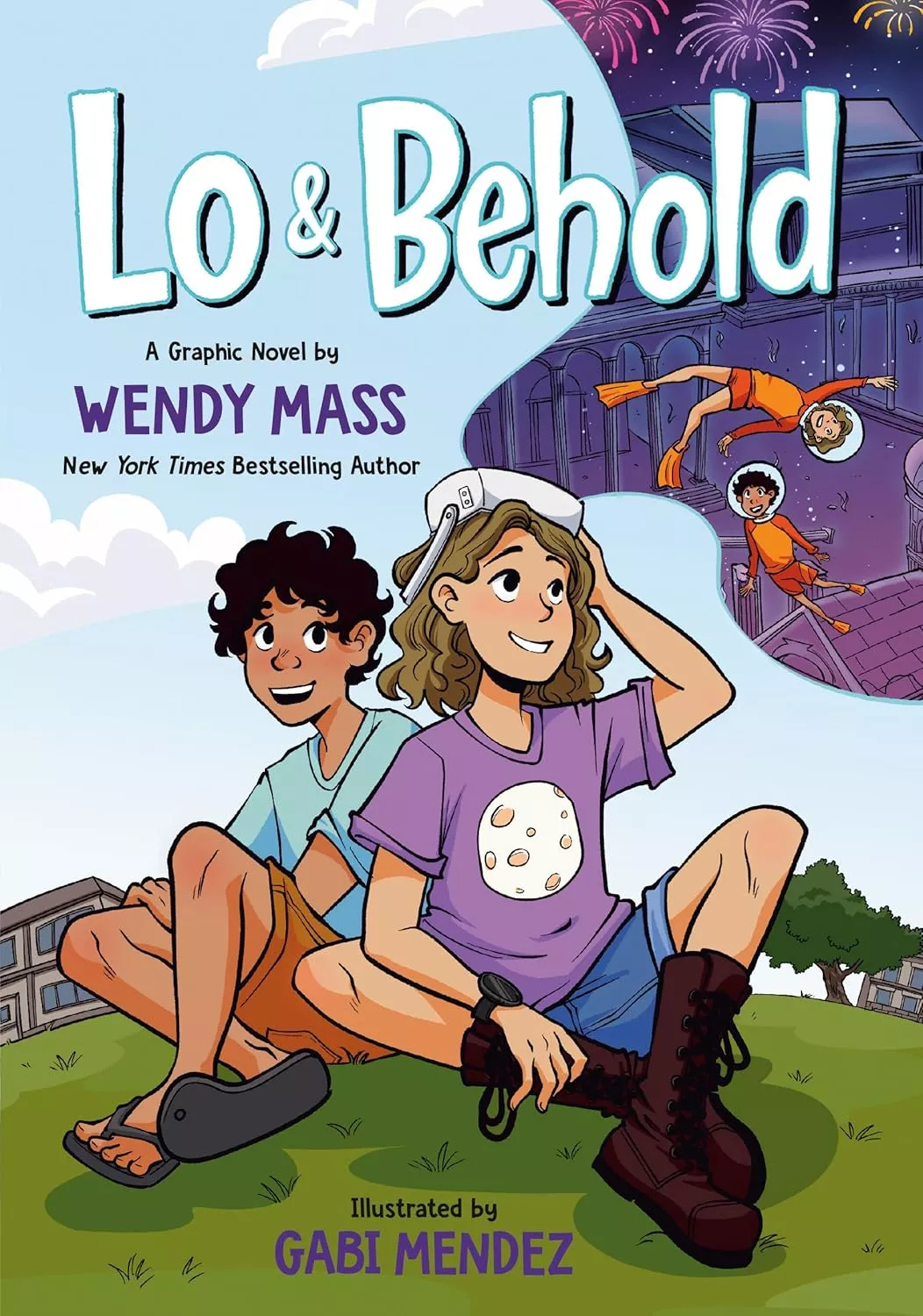 Cover of Lo and Behold by Wendy Mass depicting a boy and a girl sitting on the grass. The boy is wearing a blue shirt, brown shorts, and flip flops. The girl is wearing a purple shirt with an illustration of the Moon, denim shorts, lace up boots, and a VR helmet..