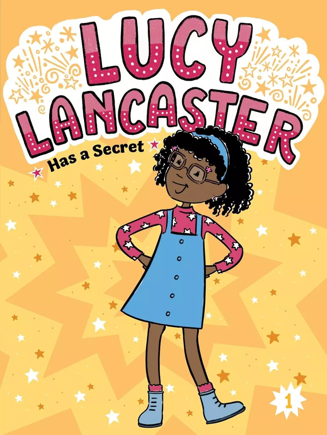 Cover of Lucy Lancaster Has a Secret by Willow Coven depicting a Black girl wearing a blue overall dress and a red shirt with white polka dots. She is also wearing glasses and a blue headband.