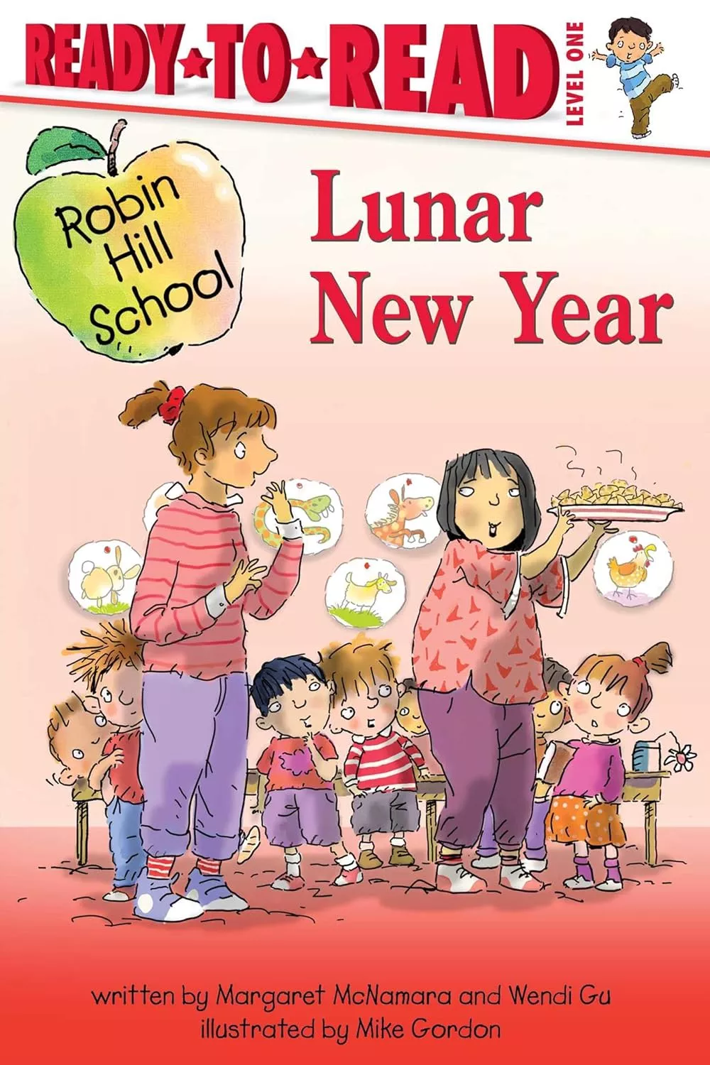 Cover of Lunar New Year by Margaret McNamara depicting a woman holding a plate of food while another woman and several children look at it hungrily. 