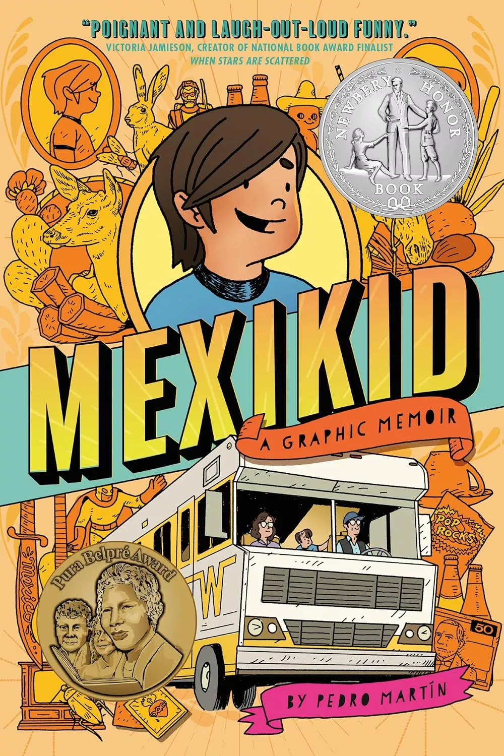 Cover of  Mexikid by Pedro Martin depicting a motor home underneath the title and a smiling boy above.