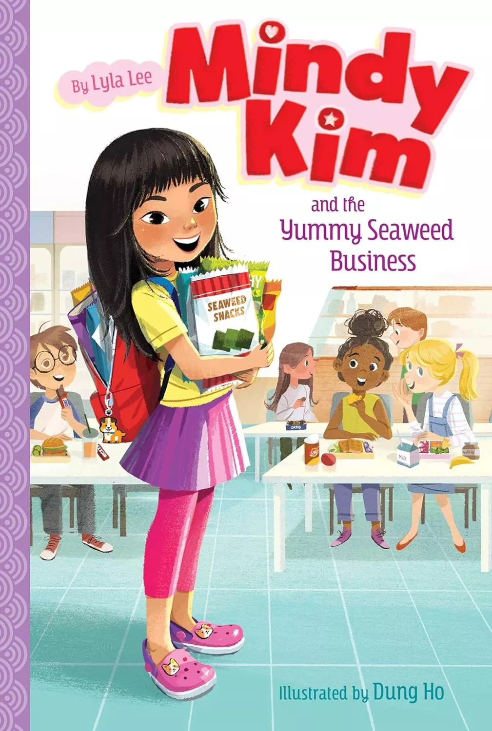 Cover of Mindy Kim and the Yummy Seaweed Business by Lyla Lee depicting an Asian girl wearing a yellow shirt, purple skirt, and pink leggings holding several bags of seaweed chips.