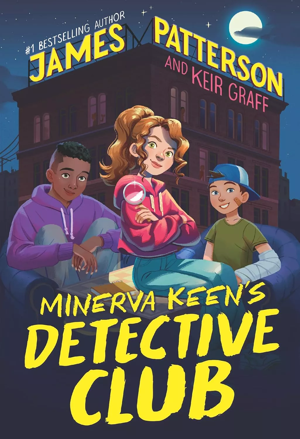 Cover of Minerva Keen's Detective Club by James Patterson depicting three kids sitting on the floor in front of a large brick building.