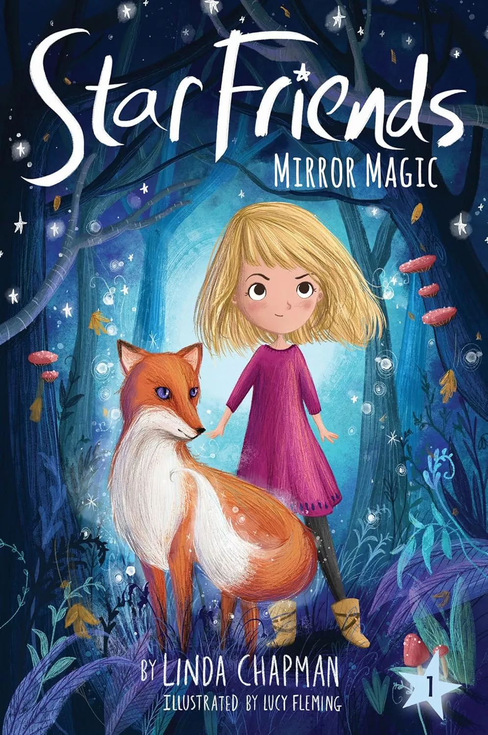 Cover of Mirror Magic by Linda Chapman depicting a blonde girl wearing a pink dress standing next to a fox. 