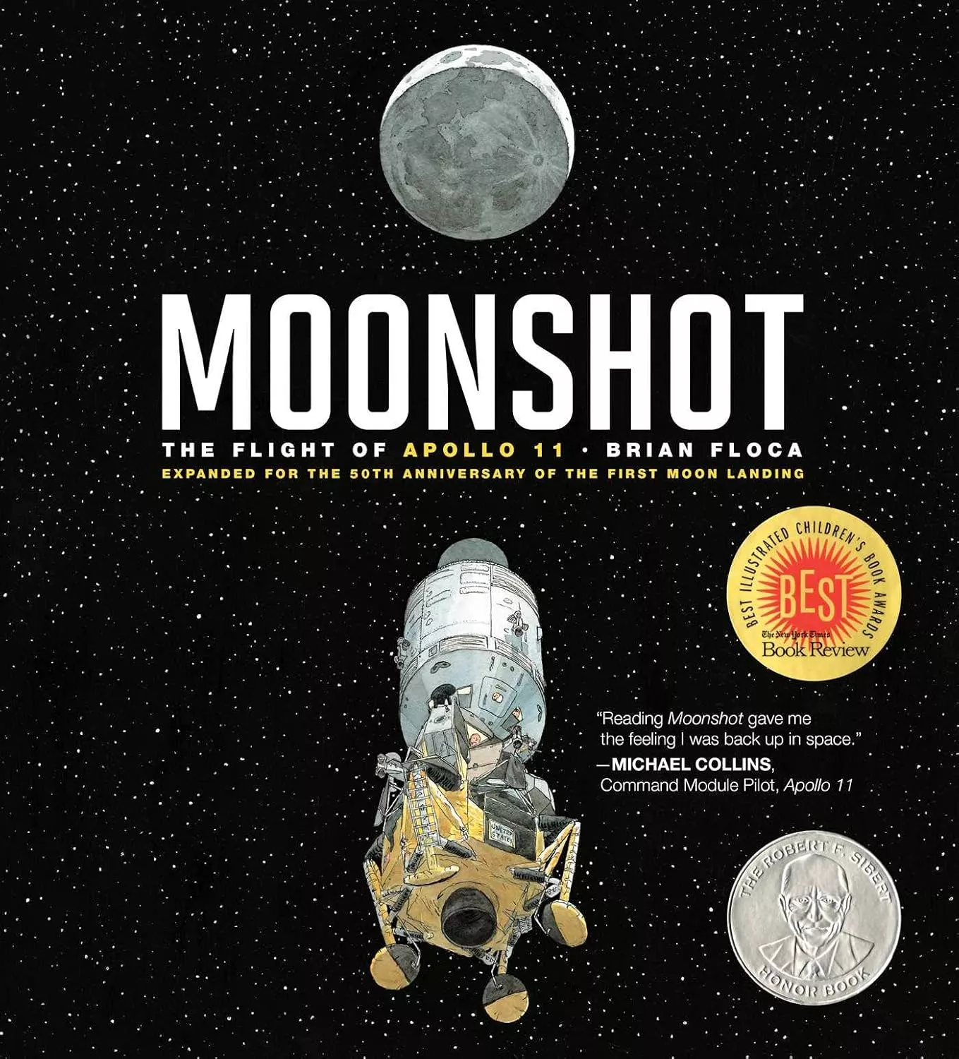 Cover of Moonshot: The Flight of Apollo 11 by Brian Floca depicting the Apollo 11 space shuttle flying through space towards the Moon.