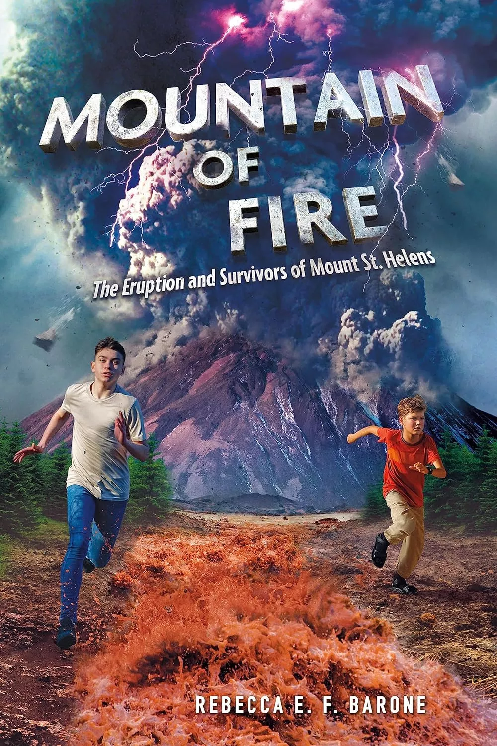 Cover of Mountain of Fire by Rebecca E. F. Barone depicting two boys running away from an erupting volcano.