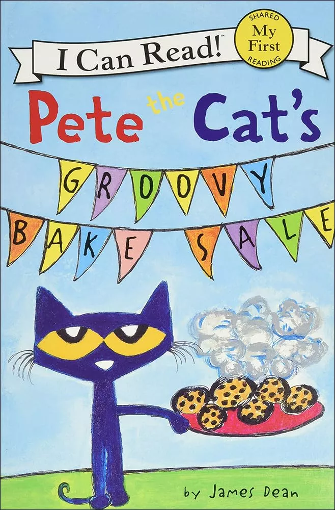 Cover of Pete the Cat's Groovy Bake Sale by James Dean depicting Pete holding a steaming plate of chocolate chip cookies. The title of the book is written across a colorful pennant banner 