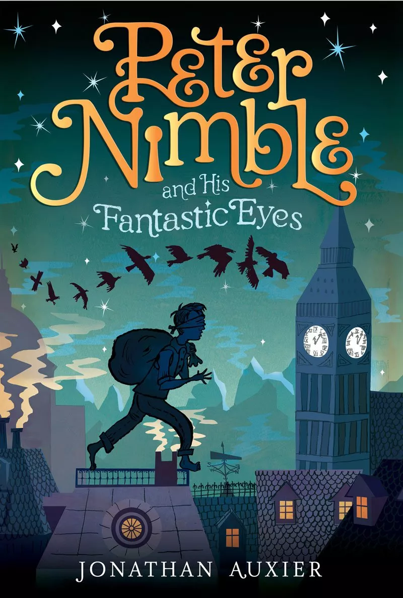 Cover of Peter Nimble and His Fantastic Eyes by Jonathan Auxier depicting the silhouette of a barefoot boy wearing a blindfold and carrying a large sack, walking across a rooftop. 