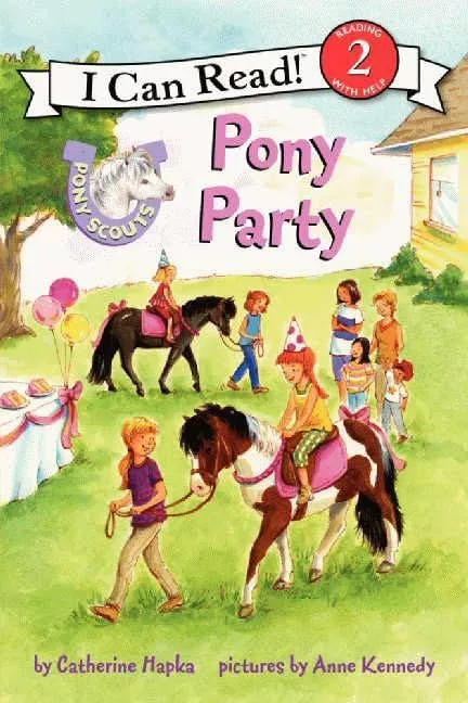 Cover of Pony Party by Cathy Hapka depicting a group of kids and two horses. They are at a birthday party.