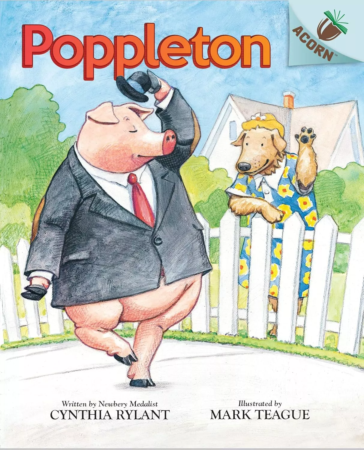 Cover of Poppleton by Cynthia Rylant depicting a pig wearing a black jacket, white shirt, and red tie. He is tipping his hat as a greeting to a dog wearing a blue dress with yellow flowers.