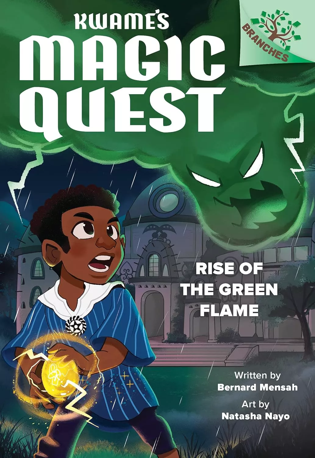 Cover of Rise of the Green Flame by Bernard Mensah depicting a Black boy holding a golden orb while a green smoke looks at him menacingly. 