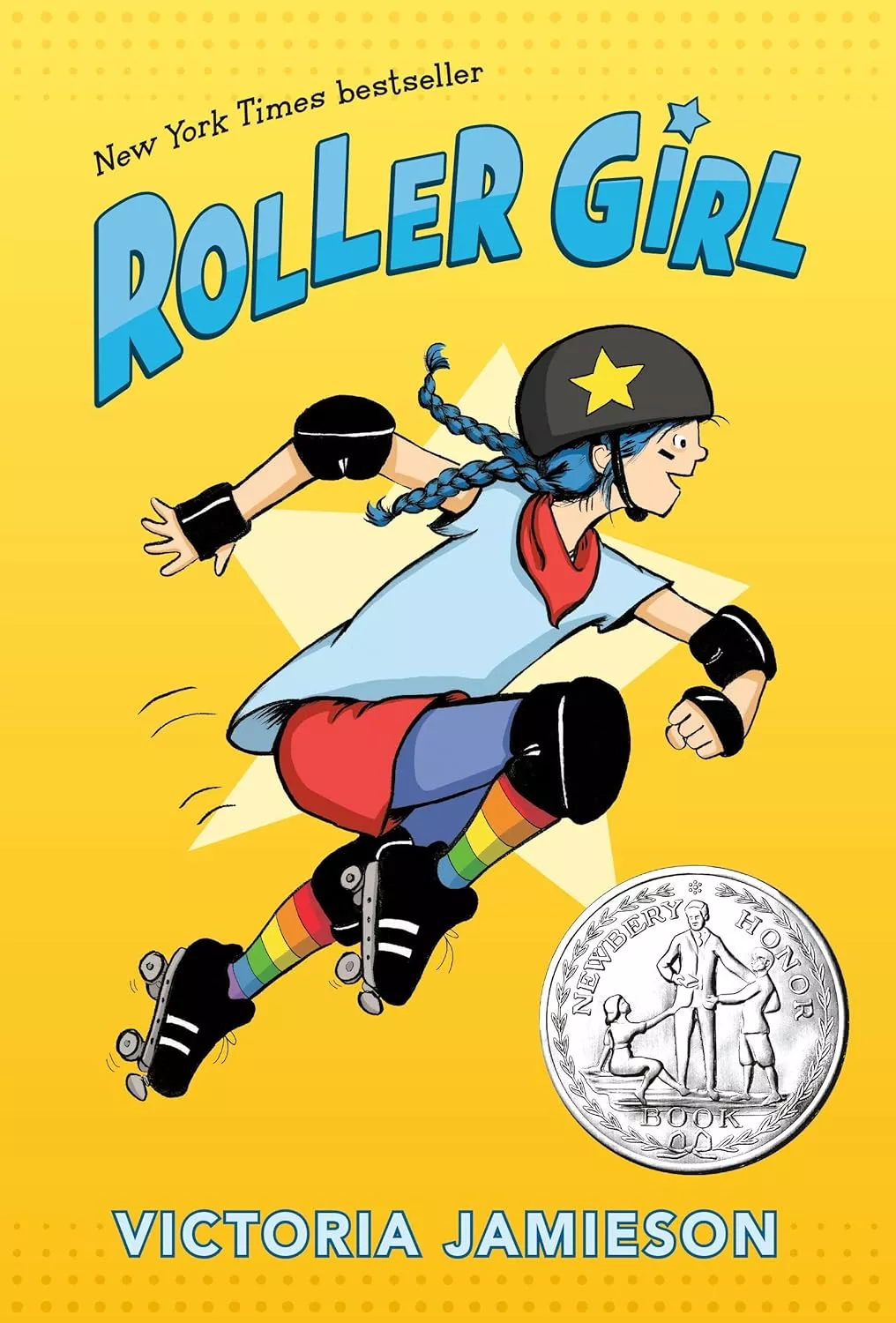 Cover of Roller Girl by Victoria Jamieson depicting a girl with blue pigtails wearing roller skates and a helmet skating.