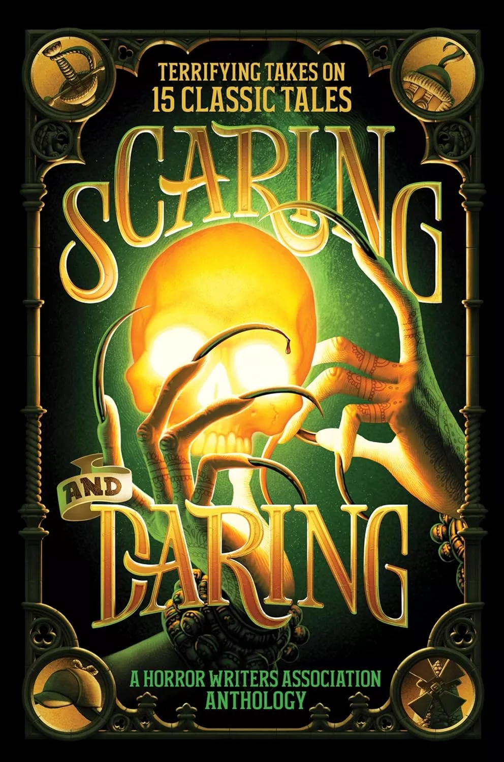 Cover of Scaring and Daring depicting a glowing skull being held by hands with long, pointy fingernails.