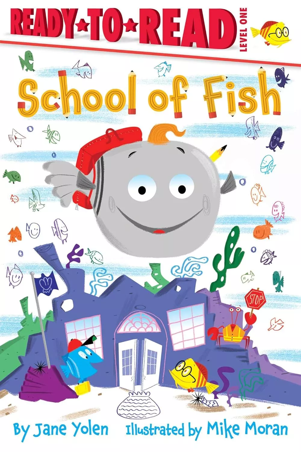 Cover of School of Fish by Jane Yolen depicting a large, gray fish floating above a blue school. 