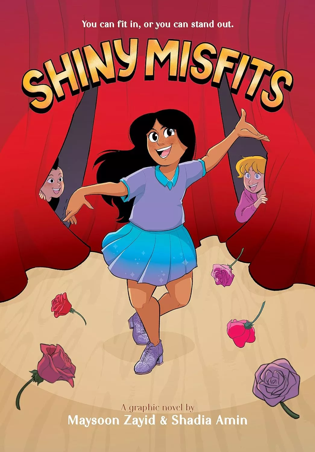 Cover of Shiny Misfits by Maysoon Zayid depicting a girl wearing a blue and purple costume performing on stage. There are two kids peeking out from behind the red curtain.