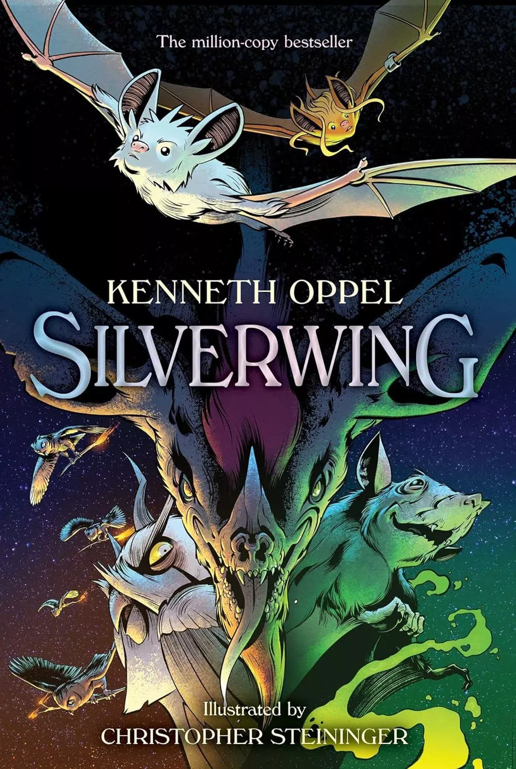 Cover of Silverwing by Kenneth Oppel depicting two bats flying over a rat, a dragon, and an owl. 