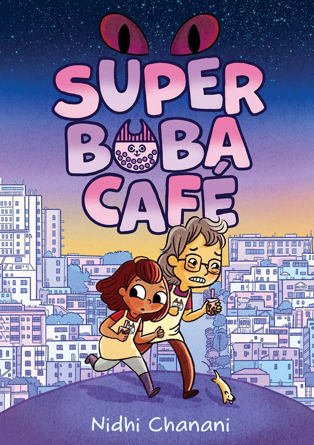 Cover of Super Boba Café by Nidhi Chanani depicting a young girl and her grandma holding boba drinks and running through a city. 