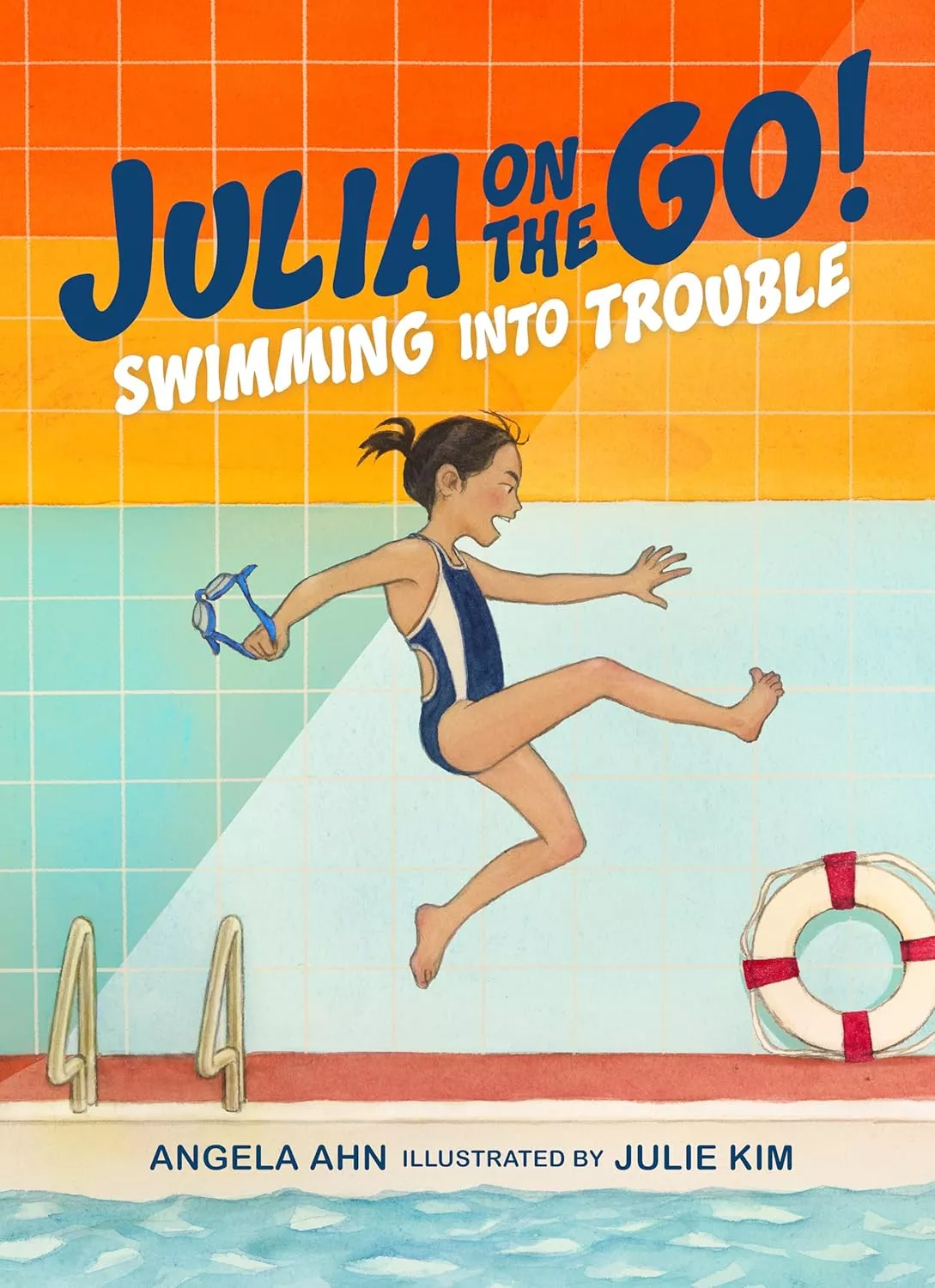 Cover of Swimming into Trouble by Angela Ahn depicting a girl in a navy and white striped bathing suit jumping into a swimming pool.